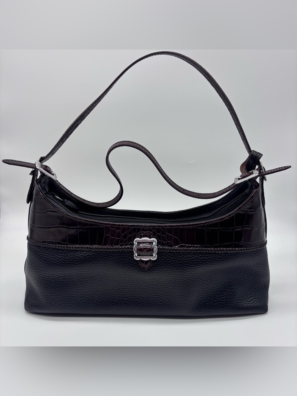 Brighton Burgundy Leather Crocodile Embossed Hobo Shoulder Bag Silver Hardware